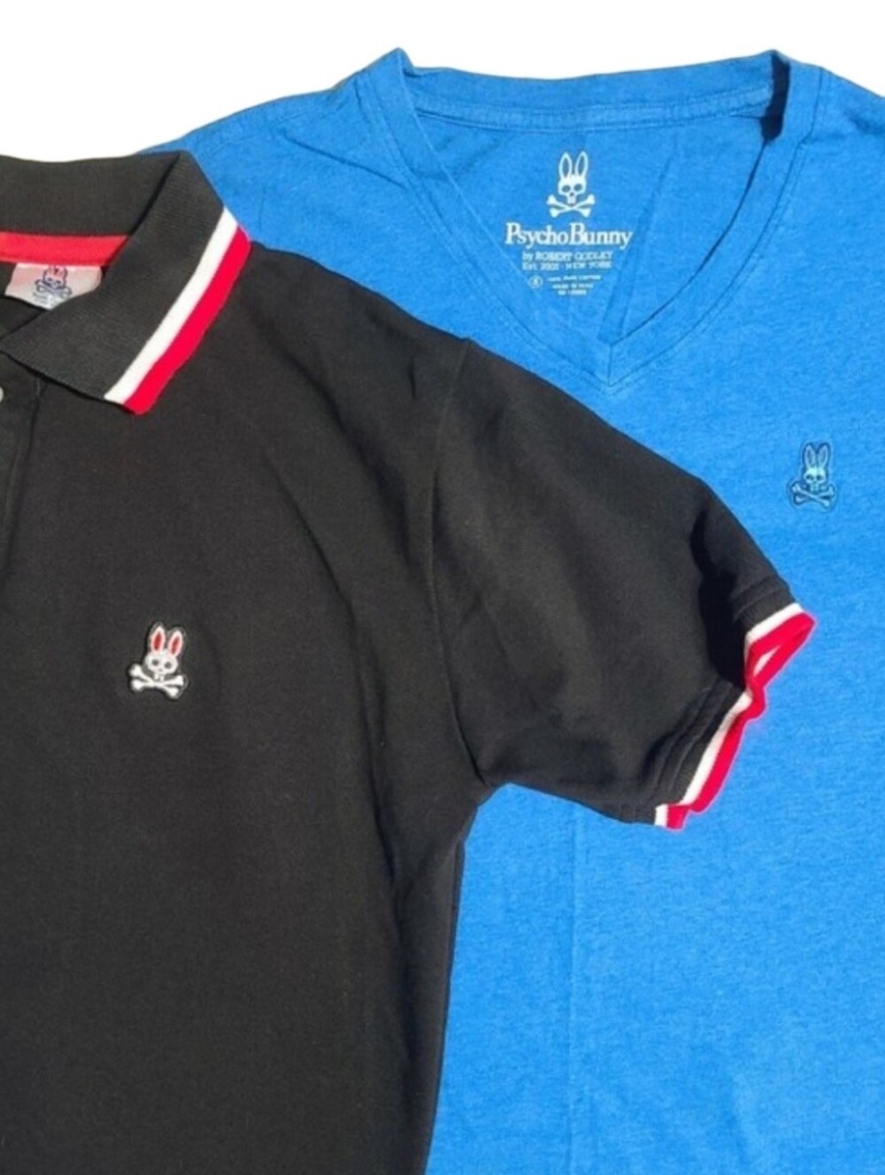 Psycho Bunny Men’s 2 Shirt Lot - Black Tipped Pique Polo & Blue V-Neck MD